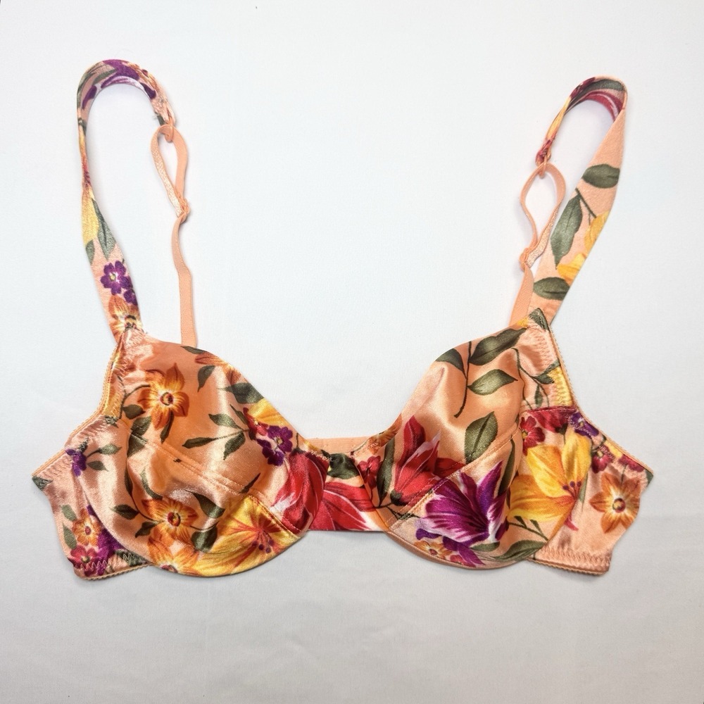 Vintage 90s Victoria's Secret Second Skin Satin Bra 34B Unlined Peach Floral